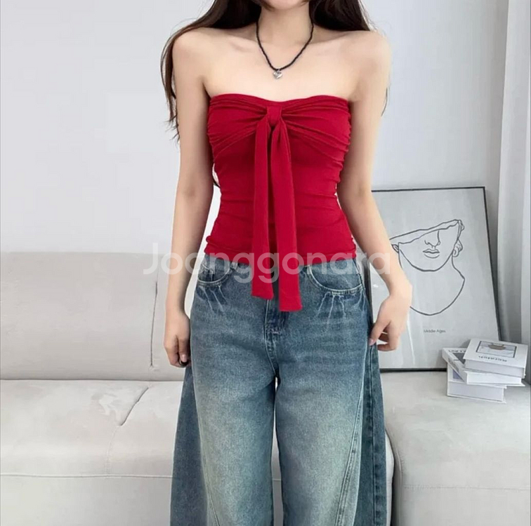 리본타이 민소매 탑--0