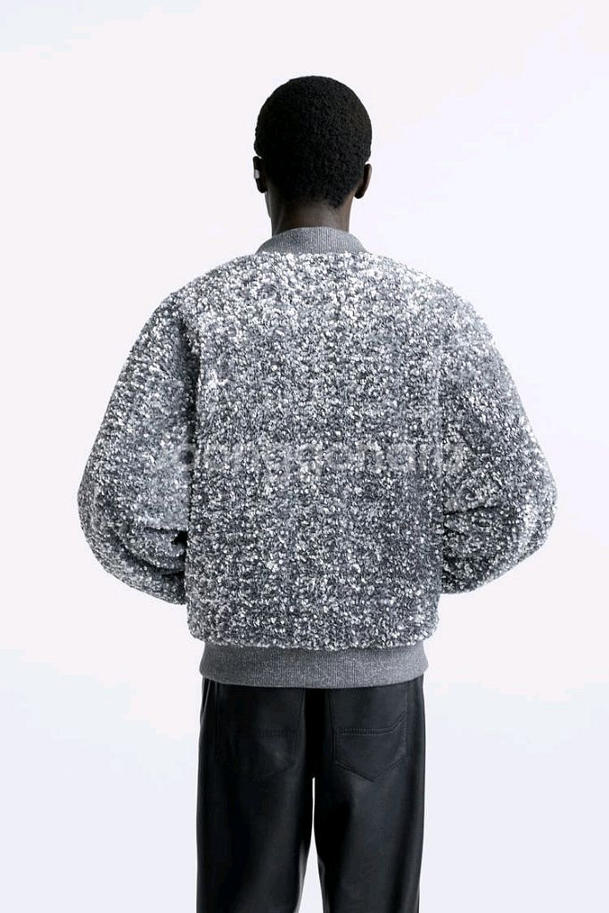 ZARA 자라 시퀸 스팽글 그레이 남성 점퍼 L 미개봉--6