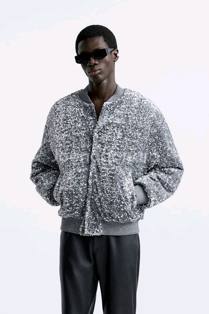 ZARA 자라 시퀸 스팽글 그레이 남성 점퍼 L 미개봉--5