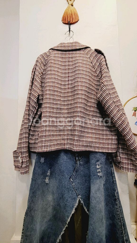 쥬시쥬디 체크 트위드 자켓. 유니크 데님스커트--6