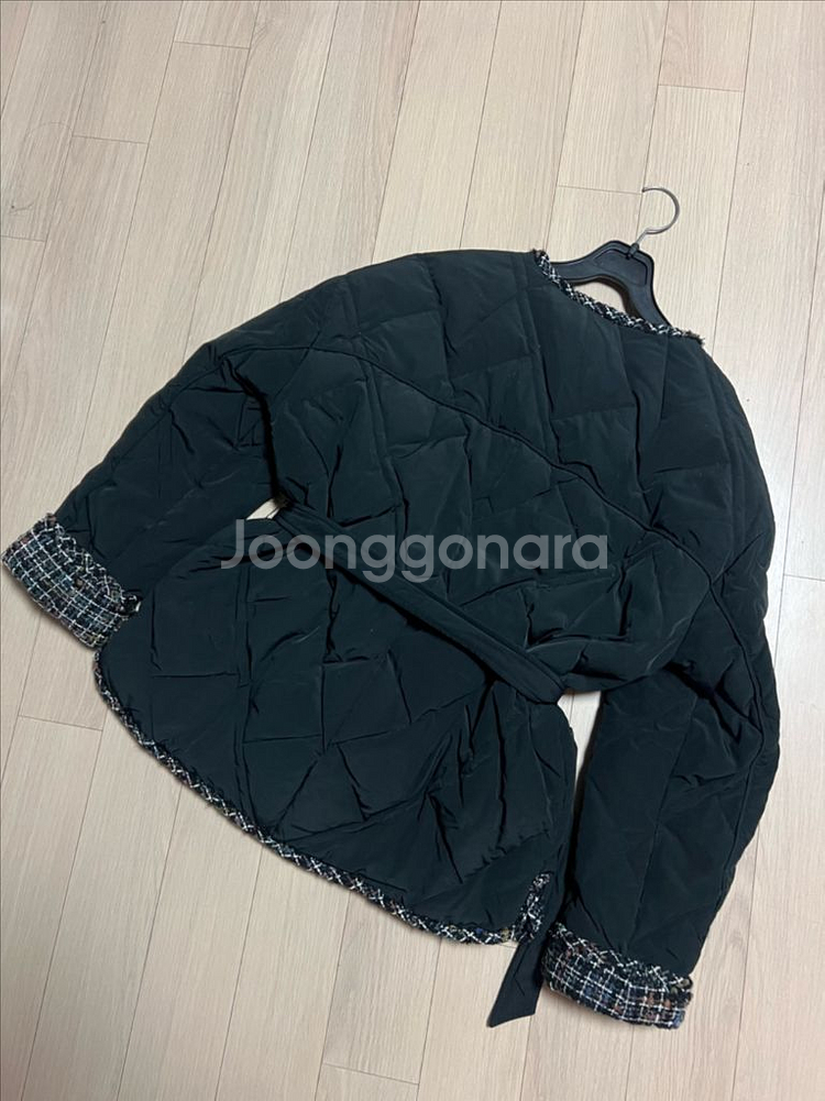 지컷 트위드배색 구스다운 벨트 숏패딩 거위털 점퍼 자켓--9