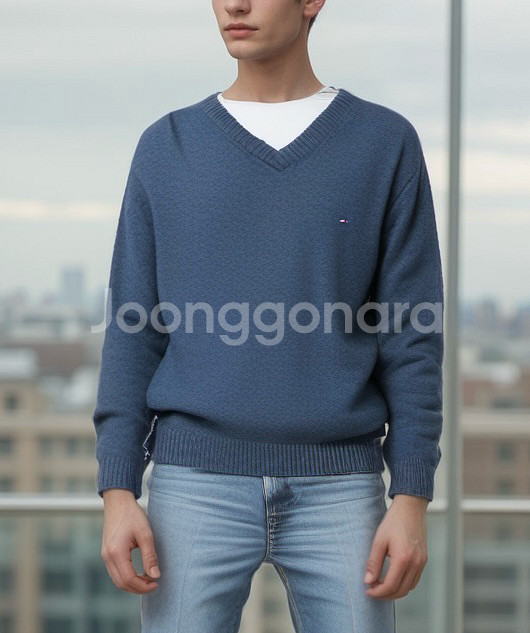 토미힐피거 램스울 100% V넥 스웨터 L 네이비 니트--0