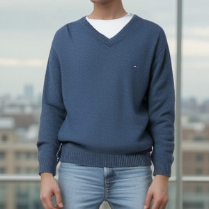 토미힐피거 램스울 100% V넥 스웨터 L 네이비 니트