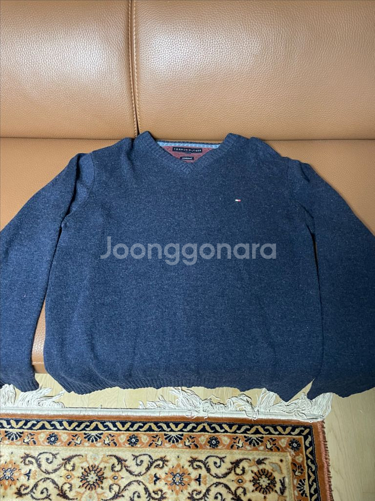 토미힐피거 램스울 100% V넥 스웨터 L 네이비 니트--4