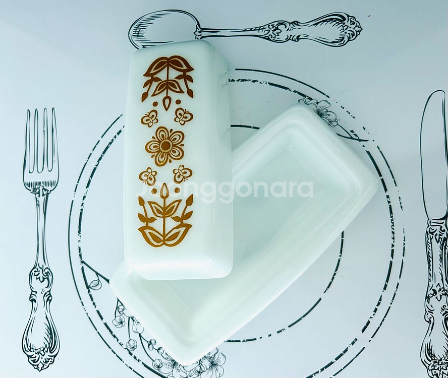 빈티지 파이렉스 버터플라이 골드 패턴 버터디쉬--1