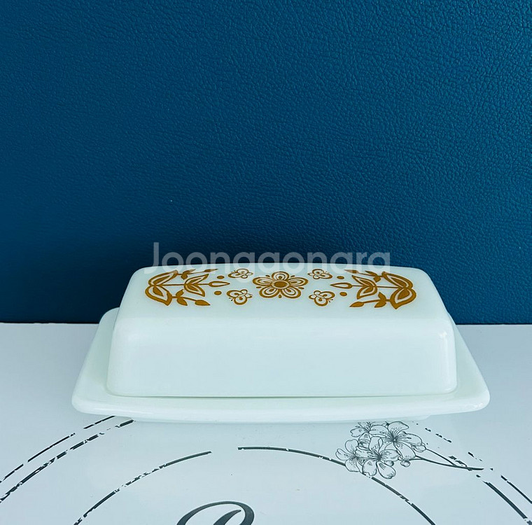 빈티지 파이렉스 버터플라이 골드 패턴 버터디쉬--0