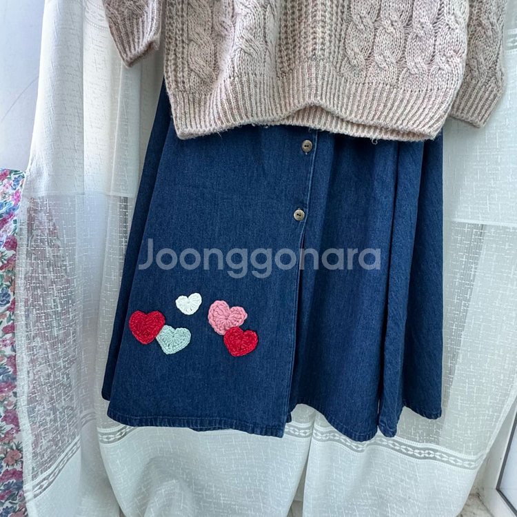 빈티지 하트 크로셰 모티브 패치 데님 롱 청 스커트--1