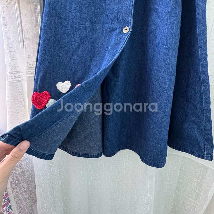 빈티지 하트 크로셰 모티브 패치 데님 롱 청 스커트--5