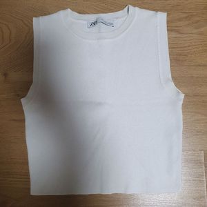 자라 화이트 니트 크롭 조끼 L