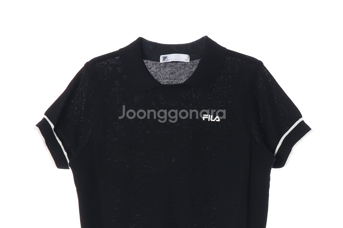 [M]휠라 골프 린넨블렌드 블랙 반팔 카라 니트 티셔츠--1
