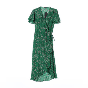 (새상품)[M]LAP랩 그린 플로럴 러플 반팔 랩 원피