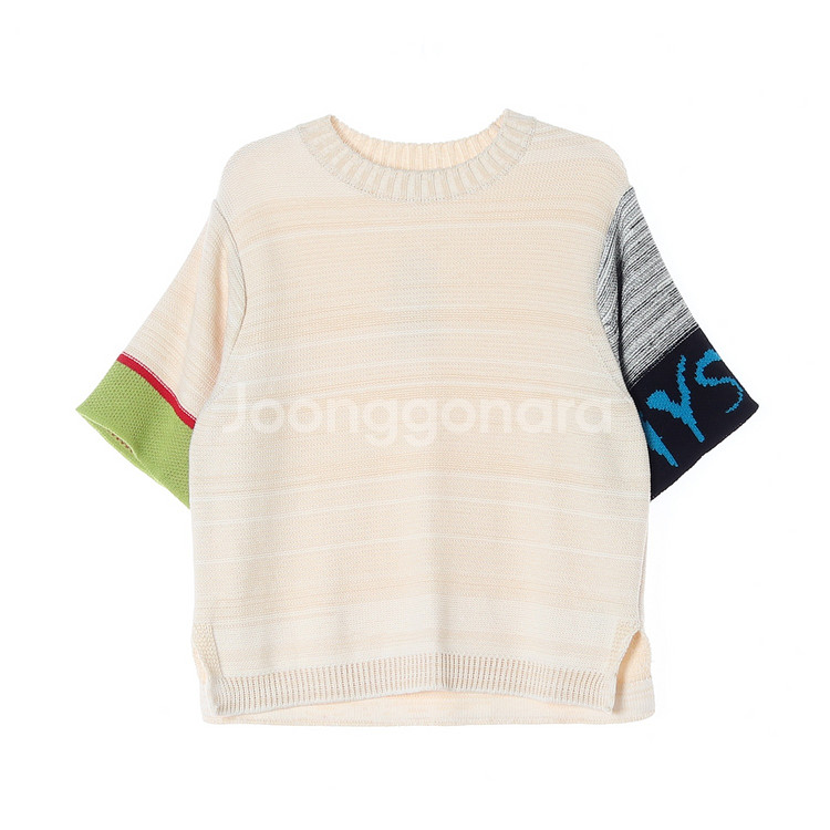 (새상품)[S]LAP랩 베이지 배색 소매 오버핏 반팔--0