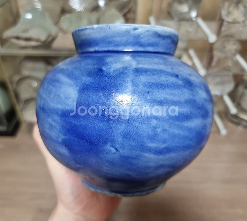 골동품 19세기 관요사기 조선백자 청채 호--3