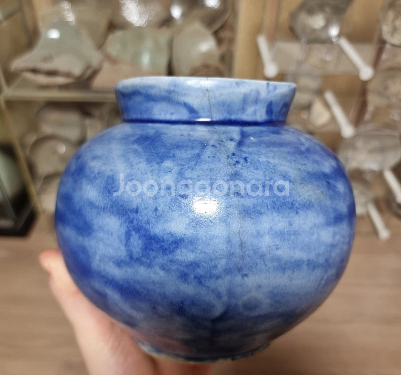 골동품 19세기 관요사기 조선백자 청채 호--4