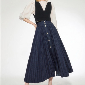 오브제 데님 플리츠 스커트 44 새상품