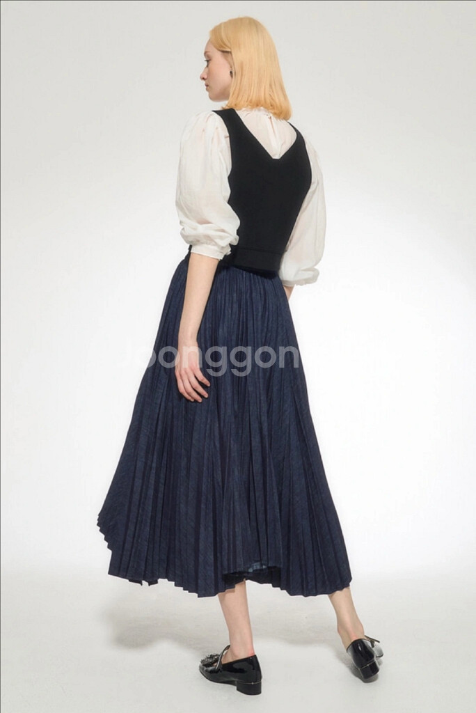 오브제 데님 플리츠 스커트 44 새상품--1