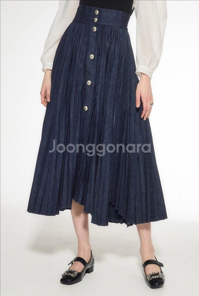 오브제 데님 플리츠 스커트 44 새상품--2