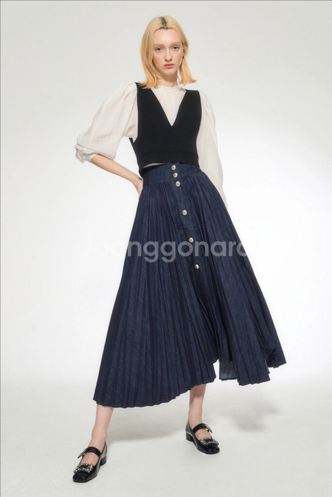 오브제 데님 플리츠 스커트 44 새상품--8