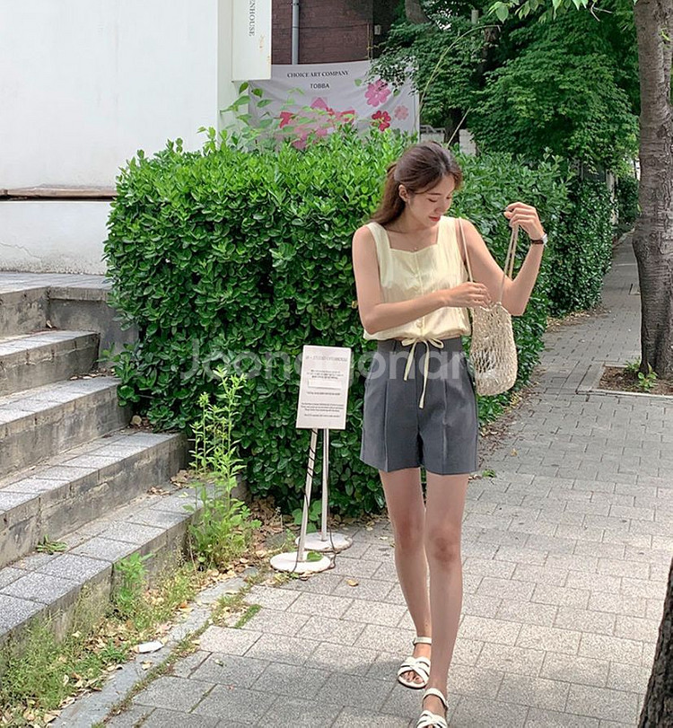 핀턱 하프슬랙스 3부 슬랙스--0