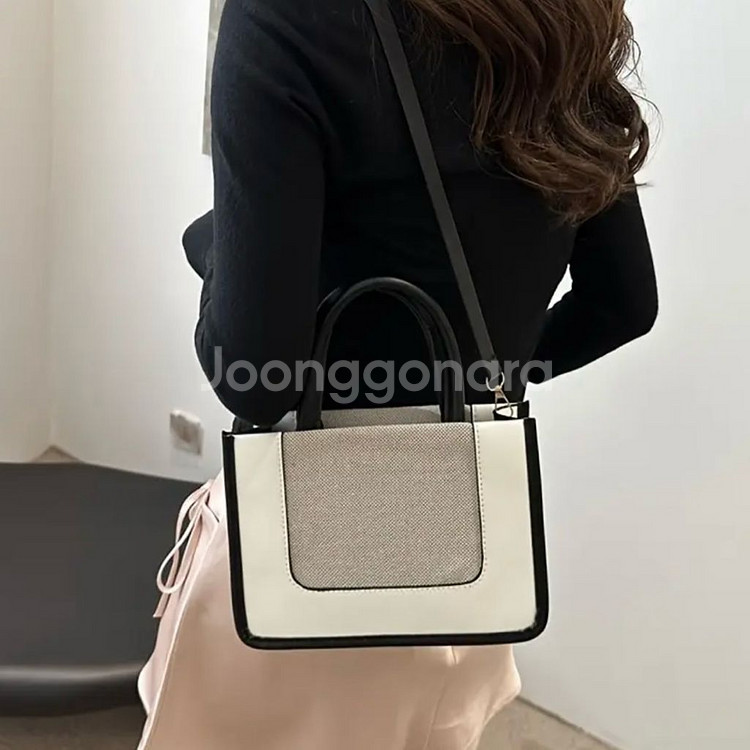 배색 가죽 핸들토트백 크로스끈포함--1