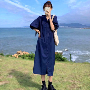 [새상품] 퍼프소매 카라 셔츠 반팔 롱 원피스