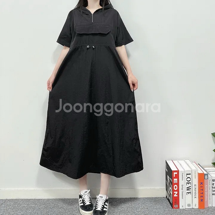 새상품) 블랙 후드 바스락 롱 원피스(55~88)--2