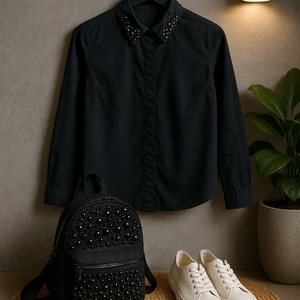 MIXXO 블랙 카라 데코 셔츠