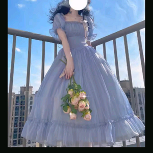 흰색 하늘색 퍼프소매 원피스
