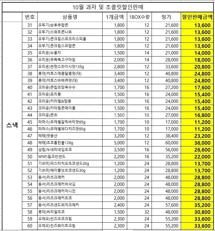 10월 컵라면(초특가) 및 과자 초콜렛 간식 최저가에--4