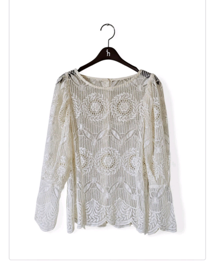 아이보리 시스루 레이스 퍼프 소매 블라우스 55--8