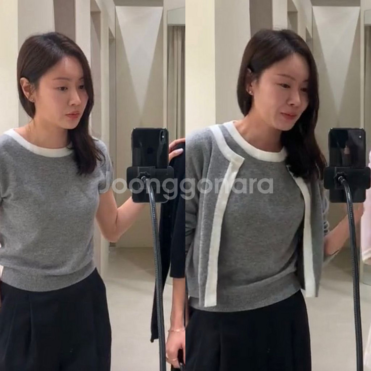 시에 코코 트리밍 울 가디건 + 니트 셋업 그레이 S--0