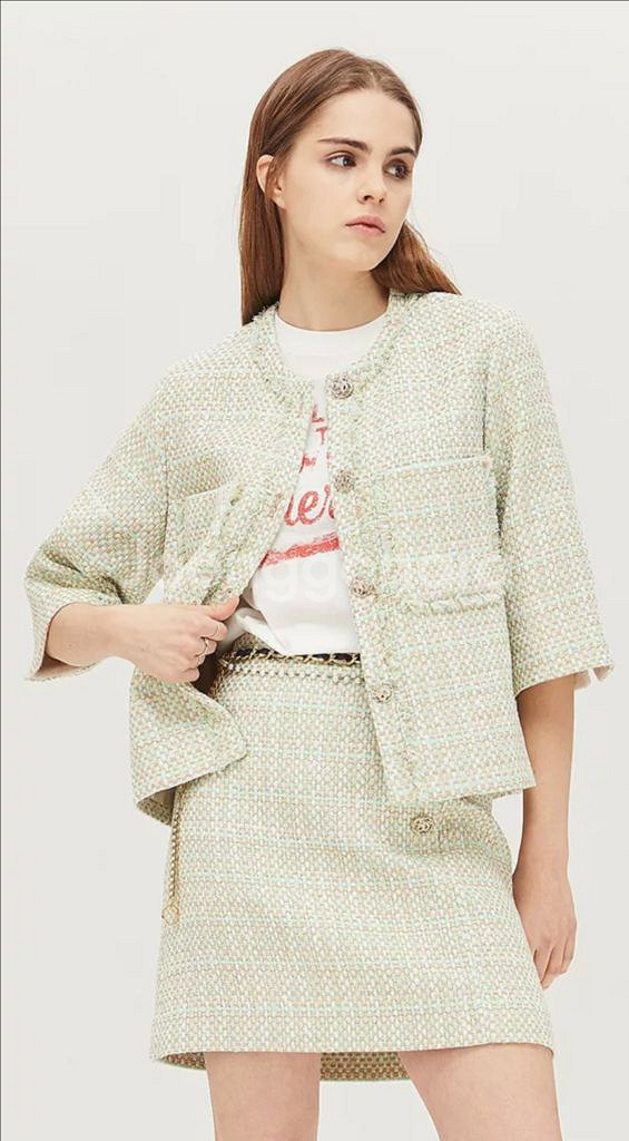 [시슬리]한지민 라운드넥 트위드 민트 자켓 가디건 코트--0