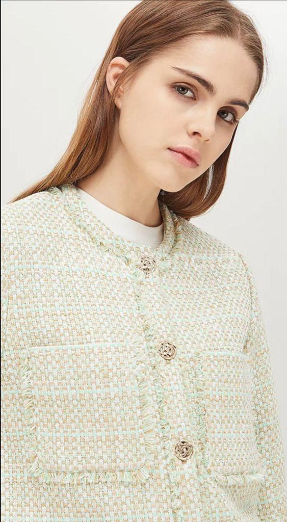 [시슬리]한지민 라운드넥 트위드 민트 자켓 가디건 코트--2