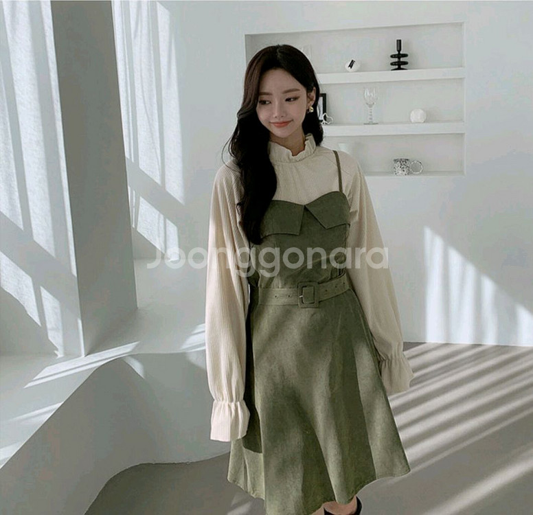 빅사이즈 뷔스티에 벨트 원피스 카키--3
