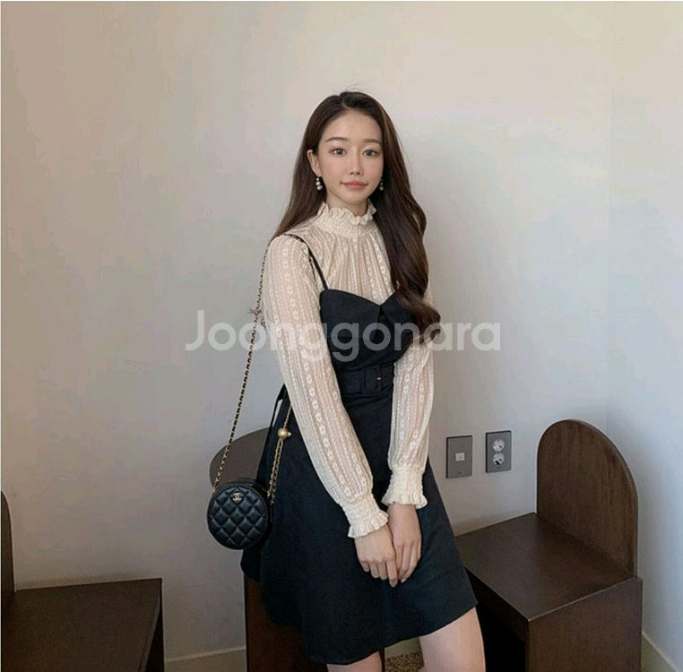 빅사이즈 뷔스티에 벨트 원피스 블랙--6
