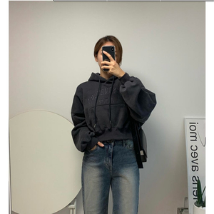 챠콜 크롭 기모 후드