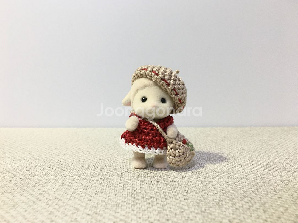 [실바니안 뜨개옷] 빨간 프릴 원피스 베레모 가방 세트--0