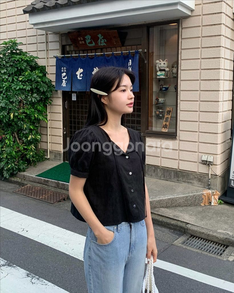 가내스라 베니 반팔 블라우스 (블랙)--0