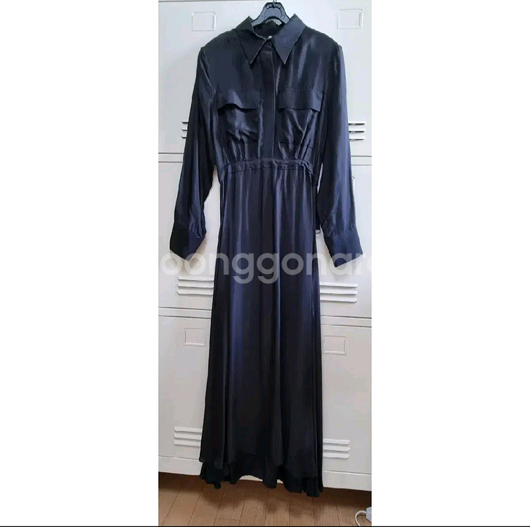 새틴 셔츠 롱 원피스 - 블랙--0
