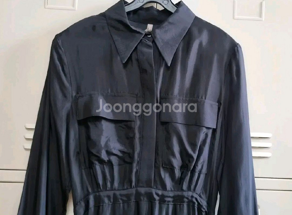 새틴 셔츠 롱 원피스 - 블랙--2