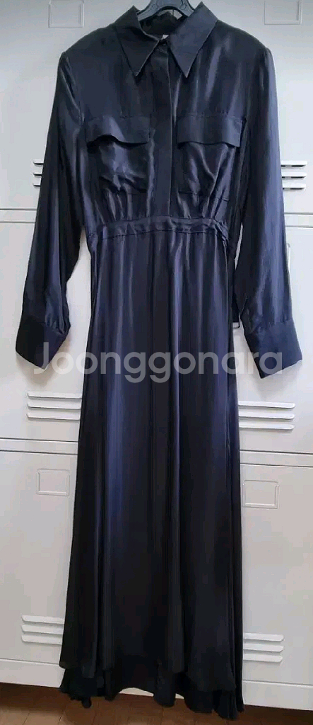 새틴 셔츠 롱 원피스 - 블랙--4