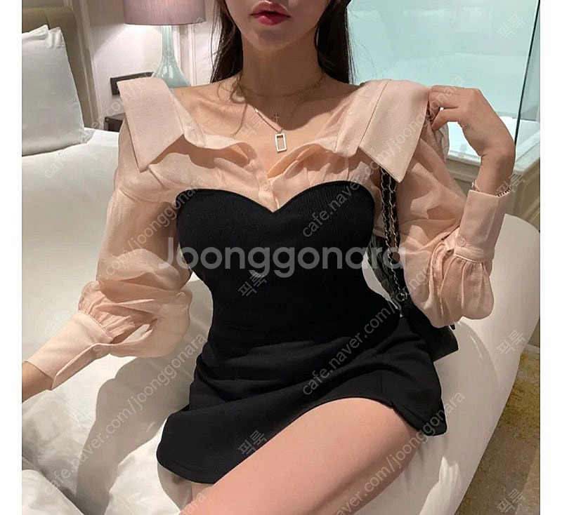 오간자 시스루 카라 레이어드 배색 탑 블라우스--1