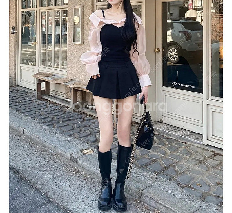 오간자 시스루 카라 레이어드 배색 탑 블라우스--5