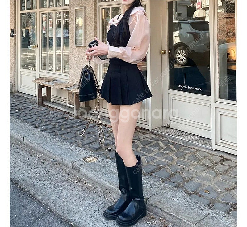 오간자 시스루 카라 레이어드 배색 탑 블라우스--6