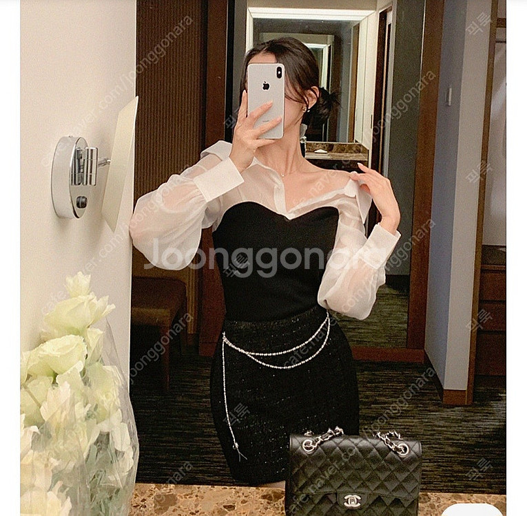 오간자 시스루 카라 레이어드 배색 탑 블라우스--7