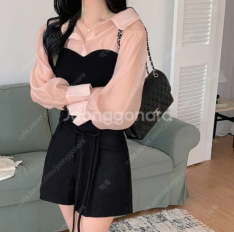 오간자 시스루 카라 레이어드 배색 탑 블라우스--9