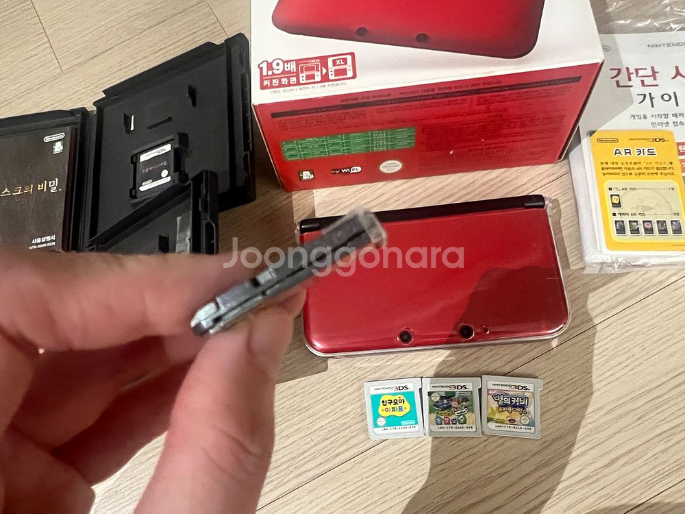 닌텐도 3DS XL 레드 + 튀동숲 등 게임칩 세트--4