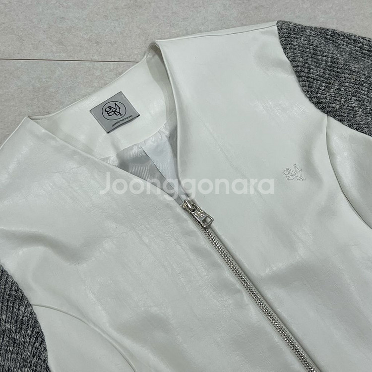 김미더영 니트 믹스 레더 집업 자켓--1