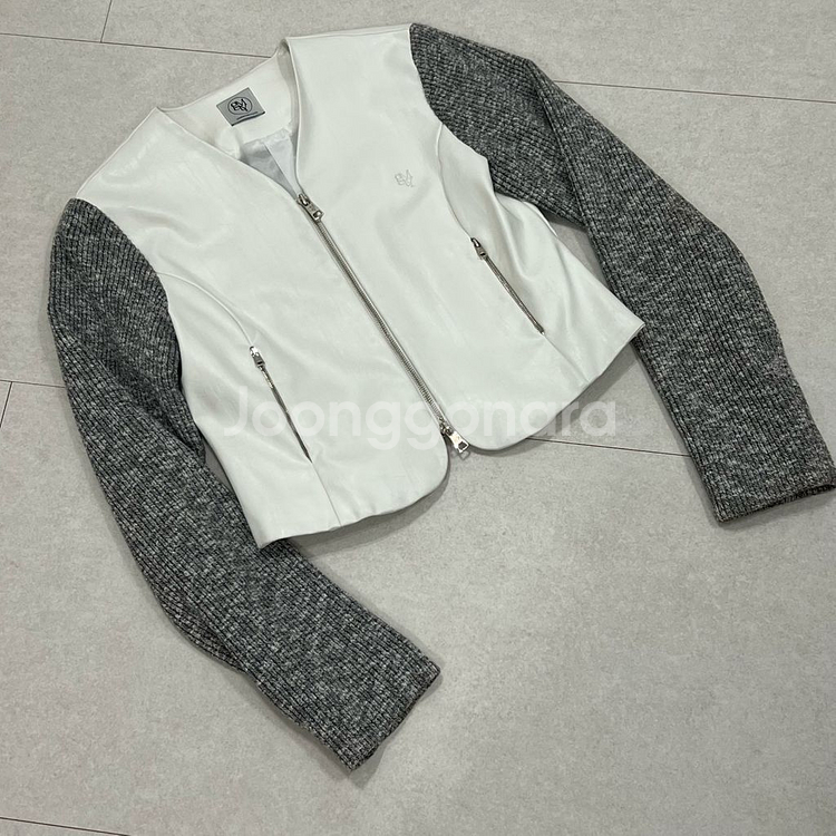 김미더영 니트 믹스 레더 집업 자켓--0