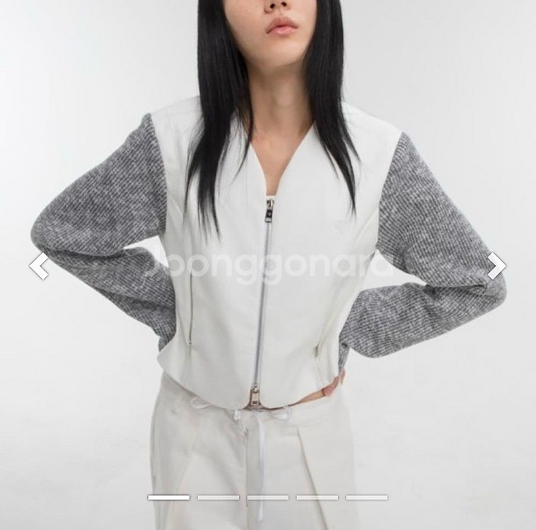 김미더영 니트 믹스 레더 집업 자켓--2